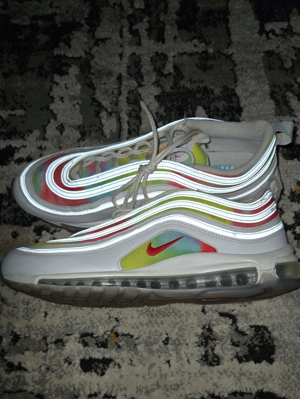 Nike Air MAX 97 TYE Dye White Sneakers with Red Swoosh and Multicolor Accents